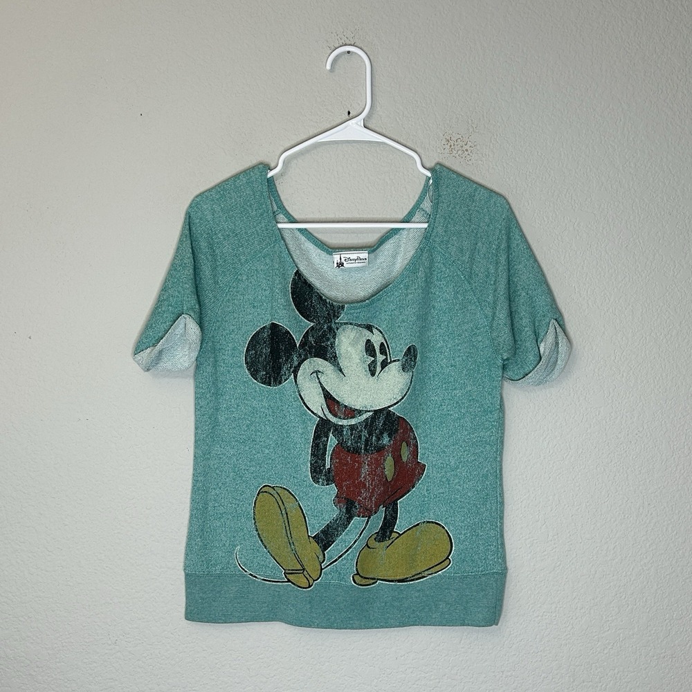 Disney Parks Mickey Mouse Short Sleeve Sweatshirt Womens Small Green Scoop Neck